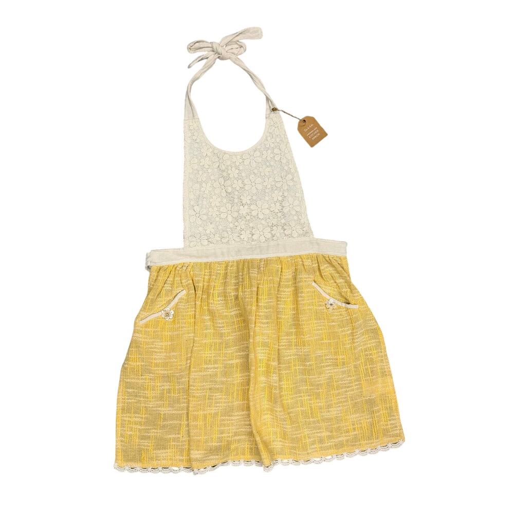Sur La Table Vintage Lace Apron OS Yellow White 100% Cotton Lace Tie Coquette